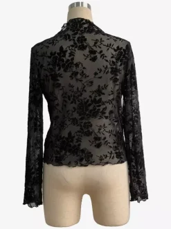 Mock Neck Flocking Floral Mesh Sheer Long Sleeve Skinny Top For Women 2026