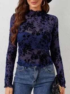 Mock Neck Flocking Floral Mesh Sheer Long Sleeve Skinny Top For Women 2026
