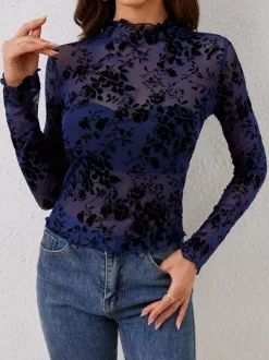 Mock Neck Flocking Floral Mesh Sheer Long Sleeve Skinny Top For Women 2026