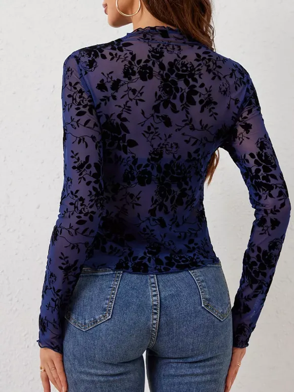 Mock Neck Flocking Floral Mesh Sheer Long Sleeve Skinny Top For Women 2026