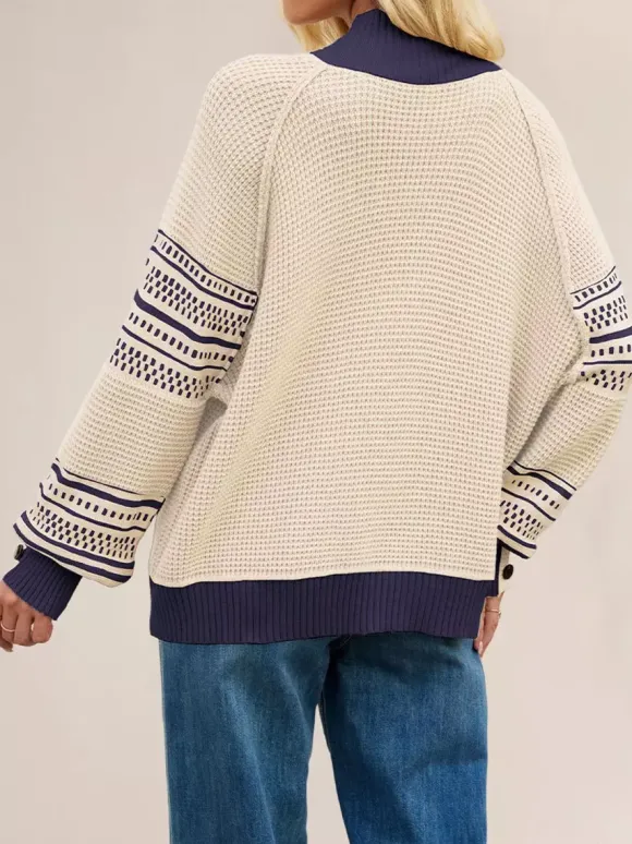 Mock Neck Knit Sweater Stripe Print Sleeve Button For Women 2026