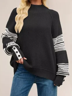 Mock Neck Knit Sweater Stripe Print Sleeve Button For Women 2026