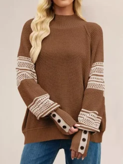 Mock Neck Knit Sweater Stripe Print Sleeve Button For Women 2026