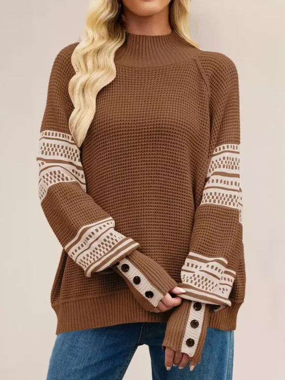 Mock Neck Knit Sweater Stripe Print Sleeve Button For Women 2026