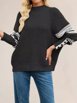 Mock Neck Knit Sweater Stripe Print Sleeve Button For Women 2026
