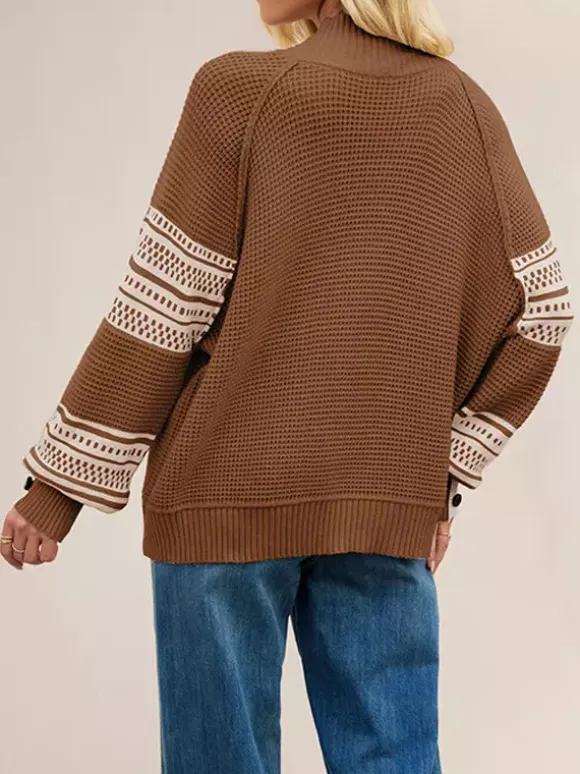 Mock Neck Knit Sweater Stripe Print Sleeve Button For Women 2026
