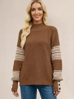 Mock Neck Knit Sweater Stripe Print Sleeve Button For Women 2026
