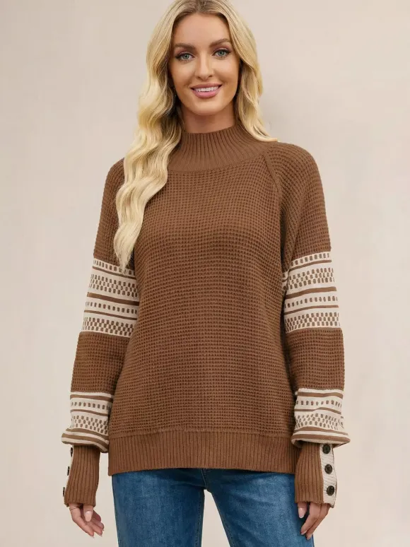 Mock Neck Knit Sweater Stripe Print Sleeve Button For Women 2026