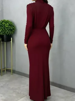 Mock Neck Maxi Dress For Women - Back Slit Long Sleeve Gown - Spring Evening Party 2026