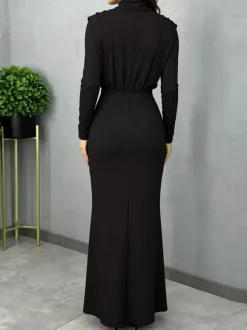 Mock Neck Maxi Dress For Women - Back Slit Long Sleeve Gown - Spring Evening Party 2026
