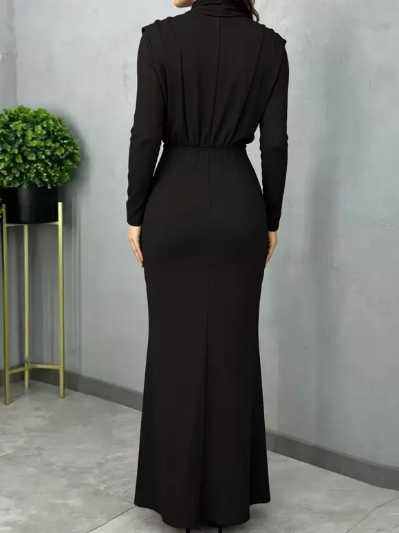 Mock Neck Maxi Dress For Women - Back Slit Long Sleeve Gown - Spring Evening Party 2026