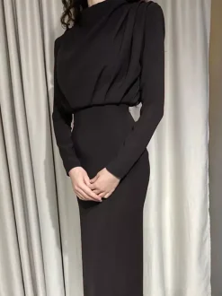 Mock Neck Maxi Dress For Women - Back Slit Long Sleeve Gown - Spring Evening Party 2026