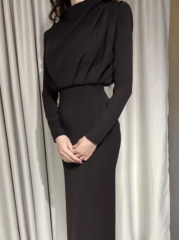 Mock Neck Maxi Dress For Women - Back Slit Long Sleeve Gown - Spring Evening Party 2026