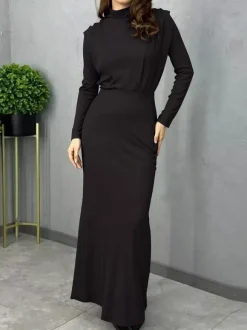 Mock Neck Maxi Dress For Women - Back Slit Long Sleeve Gown - Spring Evening Party 2026
