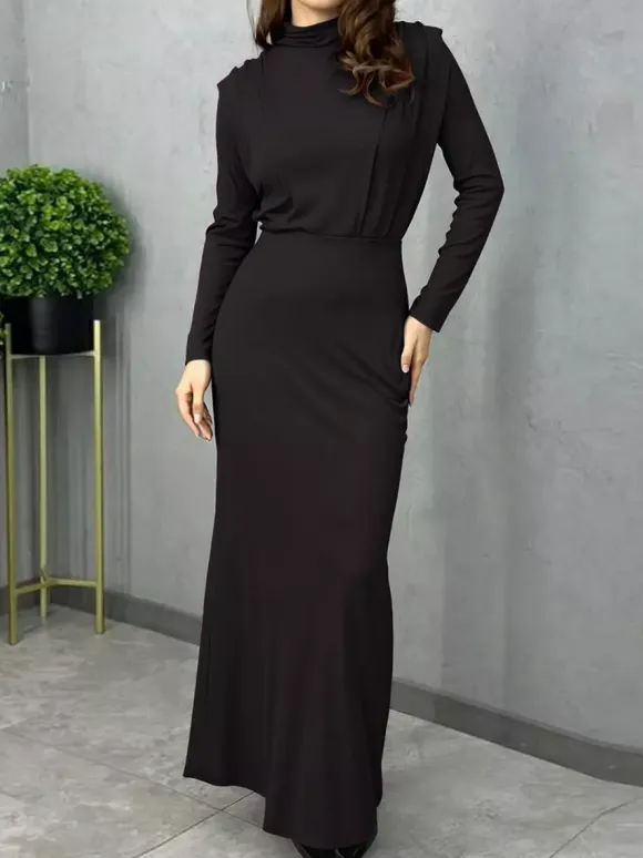 Mock Neck Maxi Dress For Women - Back Slit Long Sleeve Gown - Spring Evening Party 2026