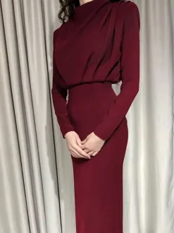 Mock Neck Maxi Dress For Women - Back Slit Long Sleeve Gown - Spring Evening Party 2026
