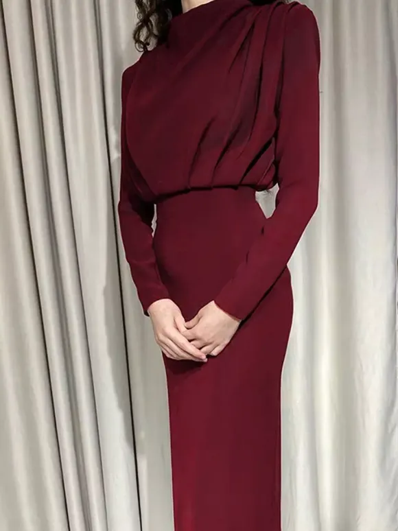 Mock Neck Maxi Dress For Women - Back Slit Long Sleeve Gown - Spring Evening Party 2026