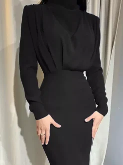 Mock Neck Maxi Dress For Women - Back Slit Long Sleeve Gown - Spring Evening Party 2026