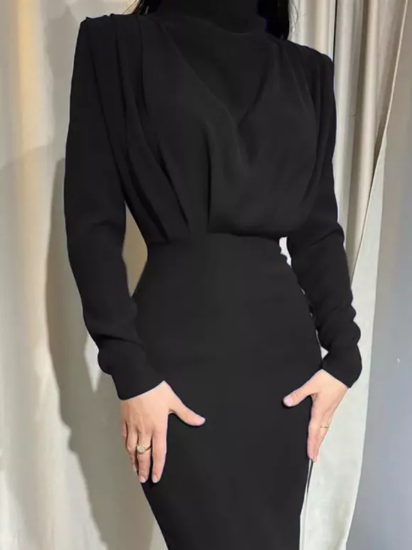 Mock Neck Maxi Dress For Women - Back Slit Long Sleeve Gown - Spring Evening Party 2026