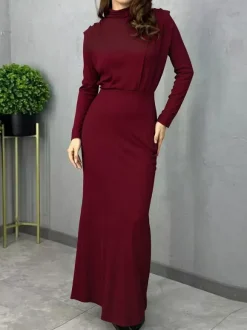 Mock Neck Maxi Dress For Women - Back Slit Long Sleeve Gown - Spring Evening Party 2026