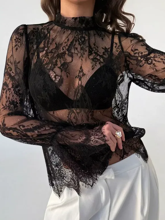 Mock Neck Sheer Floral Lace Flare Long Sleeve Layering Top