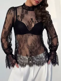 Mock Neck Sheer Floral Lace Flare Long Sleeve Layering Top
