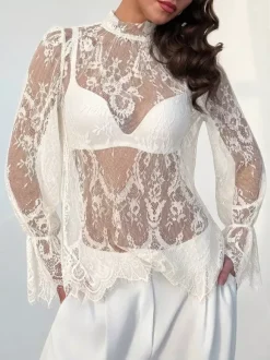 Mock Neck Sheer Floral Lace Flare Long Sleeve Layering Top