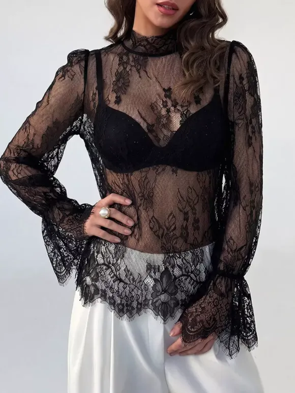 Mock Neck Sheer Floral Lace Flare Long Sleeve Layering Top