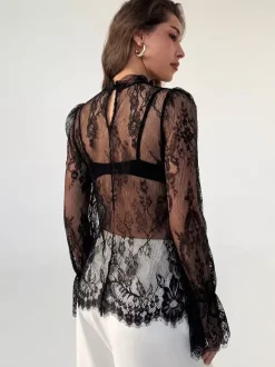 Mock Neck Sheer Floral Lace Flare Long Sleeve Layering Top