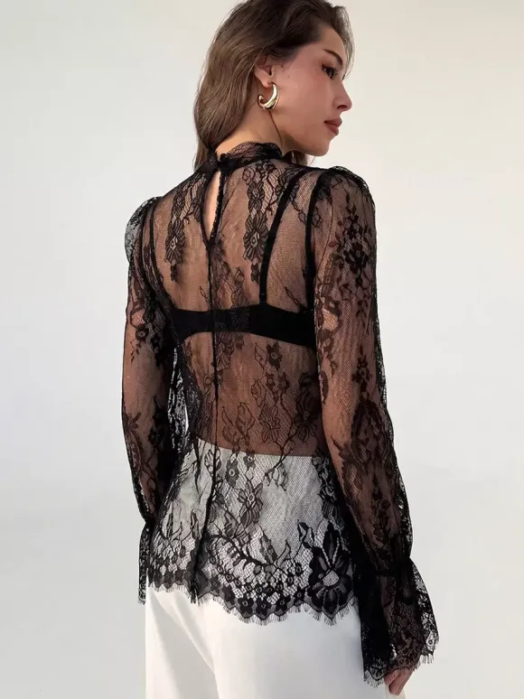 Mock Neck Sheer Floral Lace Flare Long Sleeve Layering Top