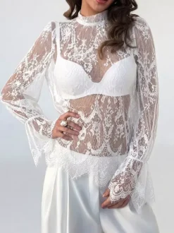 Mock Neck Sheer Floral Lace Flare Long Sleeve Layering Top