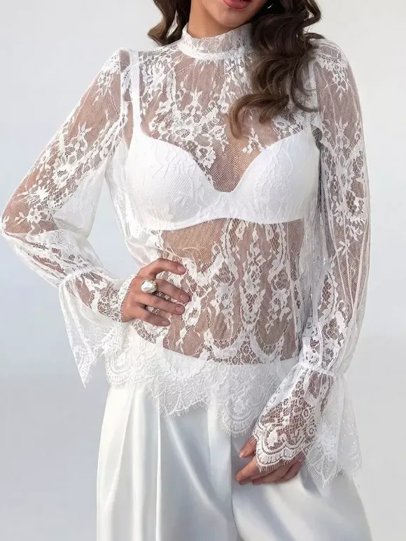 Mock Neck Sheer Floral Lace Flare Long Sleeve Layering Top