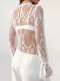 Mock Neck Sheer Floral Lace Flare Long Sleeve Layering Top