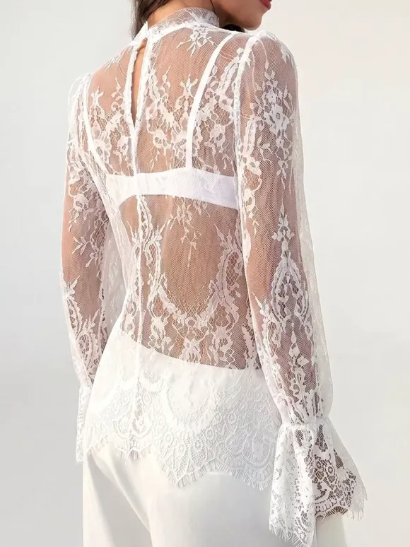 Mock Neck Sheer Floral Lace Flare Long Sleeve Layering Top