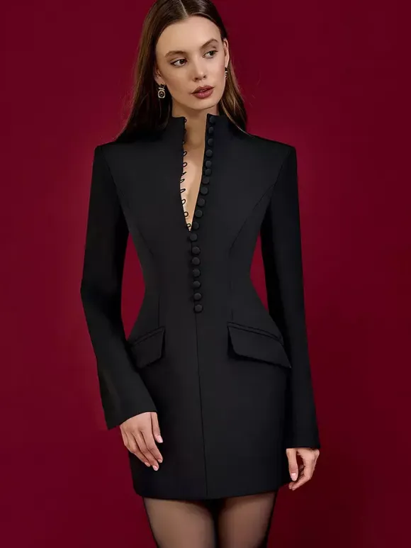 Modern Structured Button Up Slim Blazer Mini Dress For Women 2026