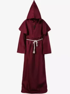 Monk Carnival Costume Middle Ages Hooded Men Robe Burgundy