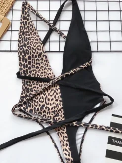 Monokini Swimsuits For Women Coffee Brown Leopard Print Ruffles V-Neck Backless Summer Beach Swimwear