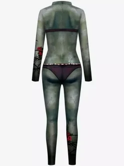 Monster Zentai Suits Jumpsuit For Women Dark Green Leotard Print Pattern Skeleton Scary Lycra Spandex Catsuit Zentai
