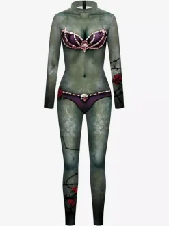 Monster Zentai Suits Jumpsuit For Women Dark Green Leotard Print Pattern Skeleton Scary Lycra Spandex Catsuit Zentai