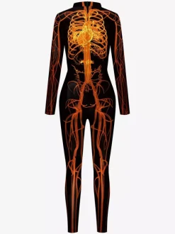 Monster Zentai Suits Jumpsuit For Women Dark Green Leotard Print Pattern Skeleton Scary Lycra Spandex Catsuit Zentai