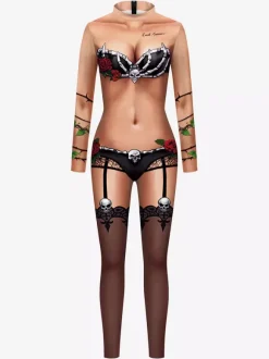 Monster Zentai Suits Jumpsuit For Women Dark Green Leotard Print Pattern Skeleton Scary Lycra Spandex Catsuit Zentai