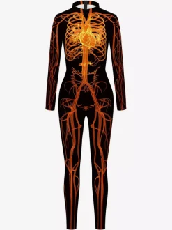 Monster Zentai Suits Jumpsuit For Women Dark Green Leotard Print Pattern Skeleton Scary Lycra Spandex Catsuit Zentai