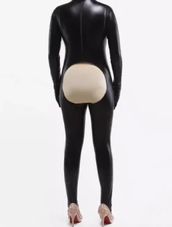 Morph Suit Black Crotchless Bodysuit Shiny Metallic Catsuit with Mouth Opened