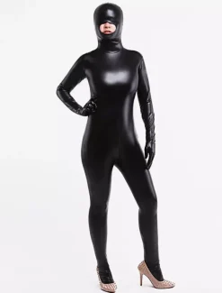 Morph Suit Black Crotchless Bodysuit Shiny Metallic Catsuit with Mouth Opened