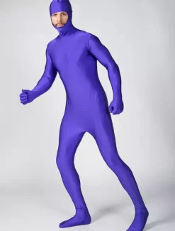 Morph Suit Purple Lycra Spandex Fabric Catsuit with Face Opened Men's Body Suit