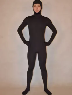 Morph Suit Black Zentai Suit Lycra Spandex Bodysuit with Face Opened