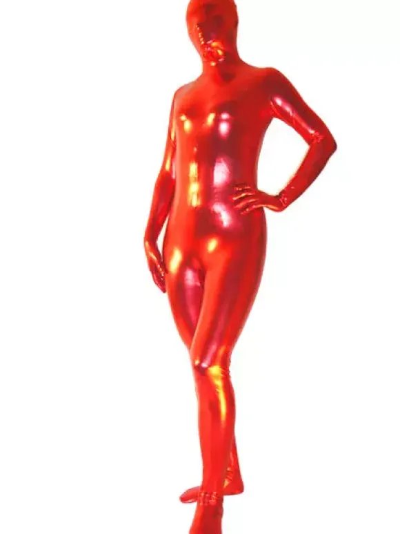 Morph Suit Red Shiny Metallic Fabric Zentai Suit Unisex Full Body Suit