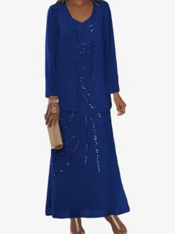 Mother Dress Designed Neckline Long Sleeves Two-piece Sequins Ankle-Length Wedding Guest Dresses