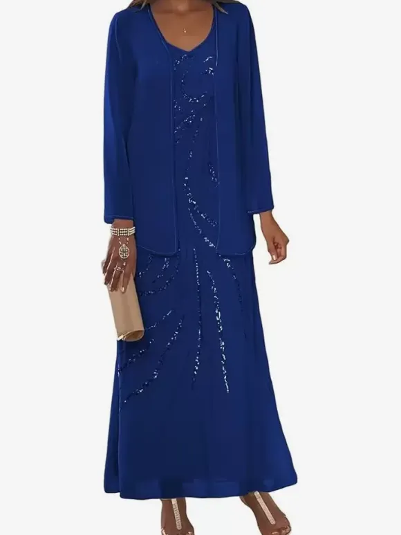 Mother Dress Designed Neckline Long Sleeves Two-piece Sequins Ankle-Length Wedding Guest Dresses
