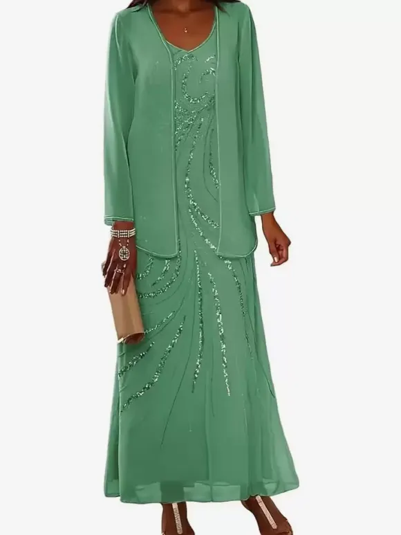Mother Dress Designed Neckline Long Sleeves Two-piece Sequins Ankle-Length Wedding Guest Dresses